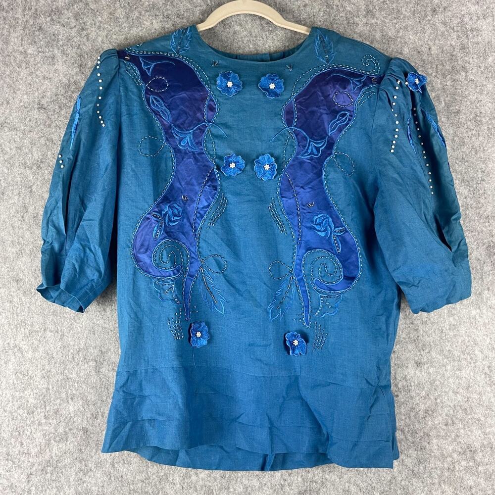 Vintage Bellino Paris Mode Top Womens 14 Blue Ramie Embroidered Beaded Applique